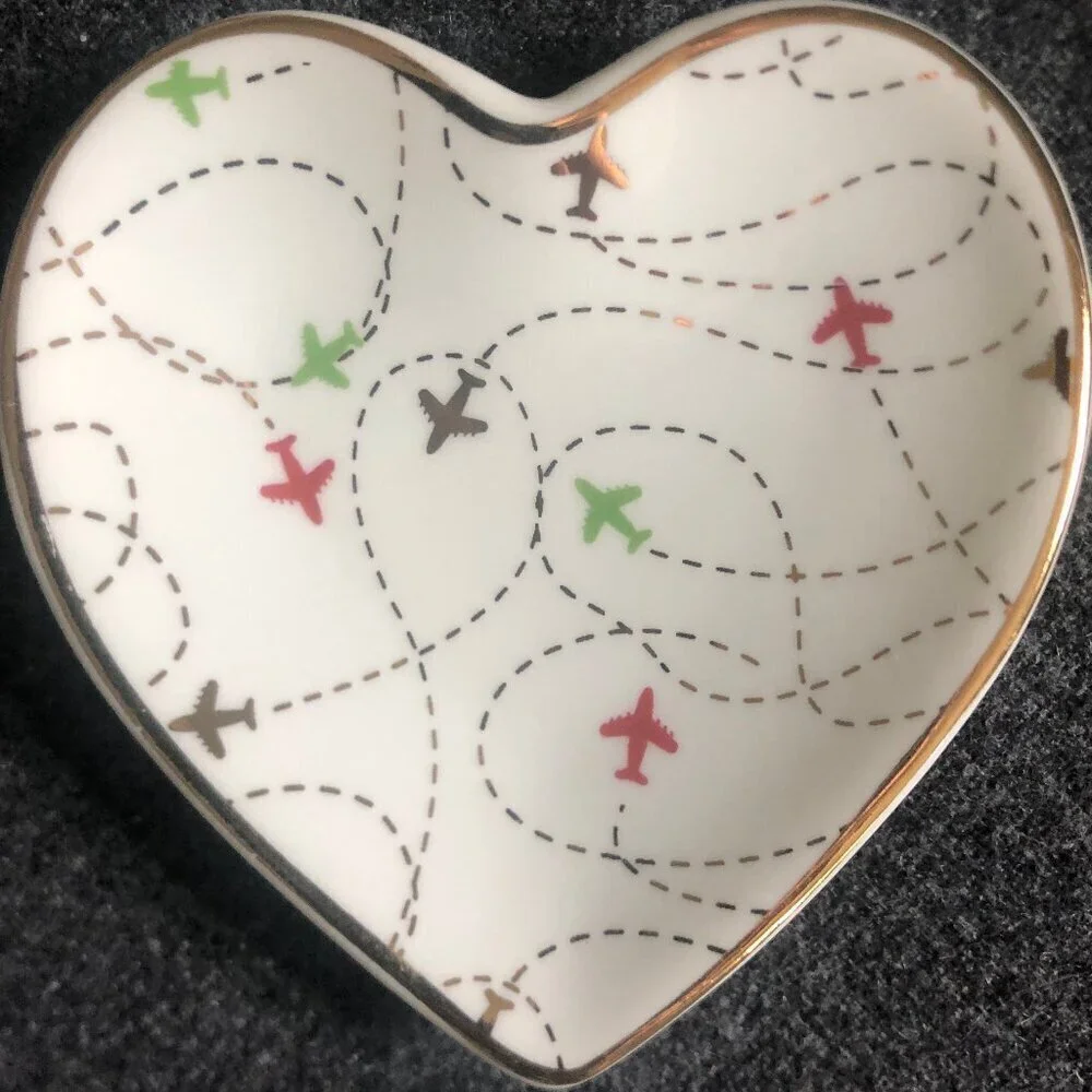 JT Rose heart-shaped ceramic trinket dishes, 3-count, travel-themed